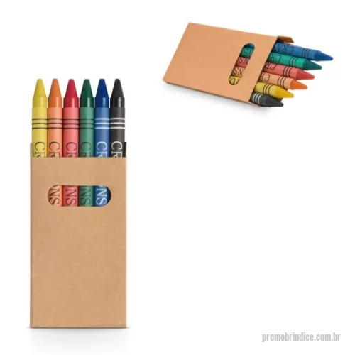 Giz de cera personalizado - Caixa de papel kraft reciclado com 6 gizes de cera. Produto certificado de acordo com a portaria Inmetro nº423 de 8/out/2021. 53 x 92 x 9 mm