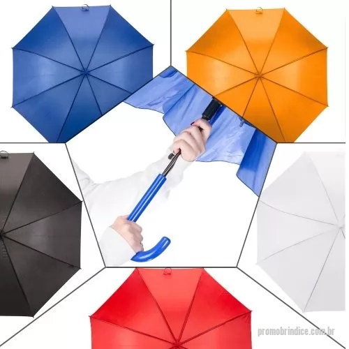 Guarda chuva personalizada - Guarda-chuva colorido com tecido de nylon e abertura automática, basta acionar o botão inferior. Possui 8 varetas pretas de aço, pegador e bico superior de plástico.