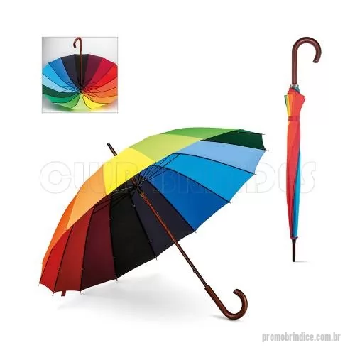 Guarda chuva personalizada - Guarda-chuva. 190T pongee. Pega em madeira. Gravação da logomarca em 1 cor aplicada em 2 gomos já inclusa.  Tamanho Aprox: 102 cm de envergadura