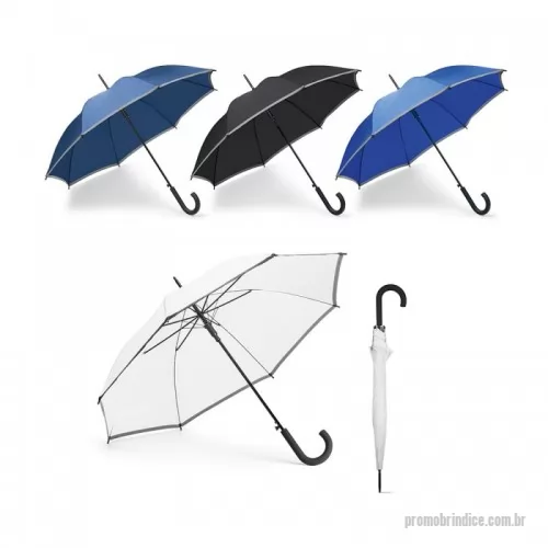 Guarda chuva personalizada - Guarda-chuva em poliéster. Possui faixa refletora, pega revestida na borracha e abertura automática. Medidas: ø960 x 815 mm.