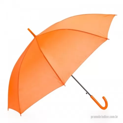 Guarda chuva personalizada - Guarda-chuva colorido com tecido de nylon e abertura automática, basta acionar o botão inferior. Possui 8 varetas pretas de aço, pegador e bico superior de plástico.