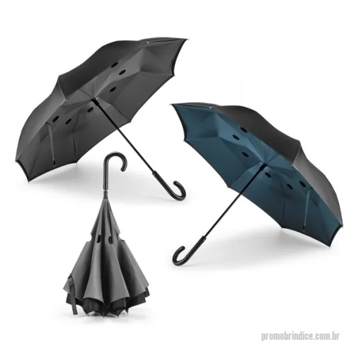 Guarda chuva personalizada - Guarda-chuva reversível em pongee 190T com capa dupla, cabo em metal e varetas em fibra de vidro. O guarda-chuva de estrutura patenteada tem abertura manual e fecho automático