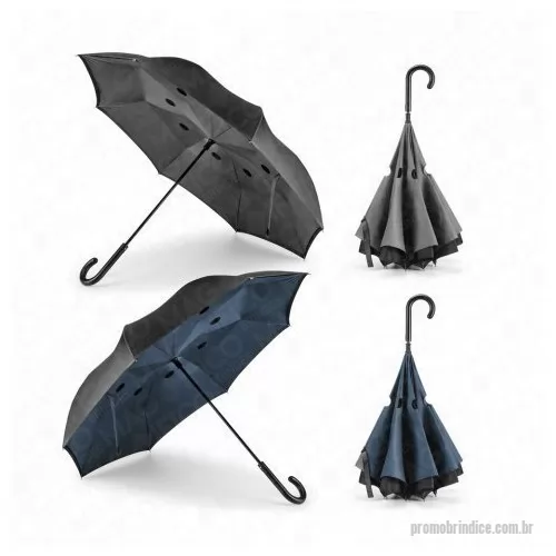 Guarda chuva personalizada - Guarda-chuva reversível em pongee 190T com capa dupla, cabo em metal e varetas em fibra de vidro. O guarda-chuva de estrutura patenteada tem abertura manual e fecho automático. MEDIDAS: 1050 mm | 790 mm. Silk Screen 1 cor em 1 gomo, ou Transfer Colorida em 1 gomo para outros tipos de gravação fale com a consultora.