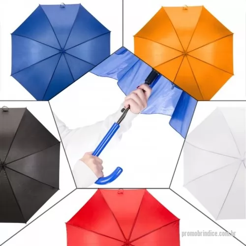 Guarda chuva personalizada - Guarda-chuva colorido com tecido de nylon e abertura automática, basta acionar o botão inferior. Possui 8 varetas pretas de aço, pegador e bico superior de plástico.