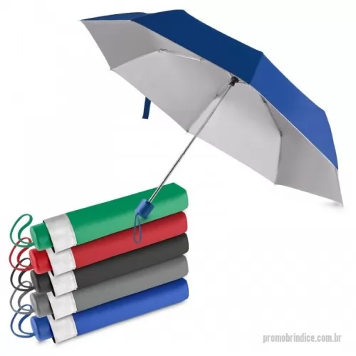 Guarda chuva personalizada - Guarda-chuva médio com tecido poliéster colorido e parte interna prateada. Possui oito varetas metálicas e cabo plástico. Acompanha capa de poliéster e cordão de nylon para transporte.