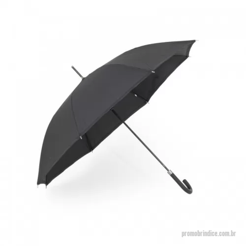 Guarda chuva personalizada - Guarda-chuva manual de poliéster com estrutura em aço e 8 varetas em fibra de vidro, possui pegador plástico com botão de acionamento.