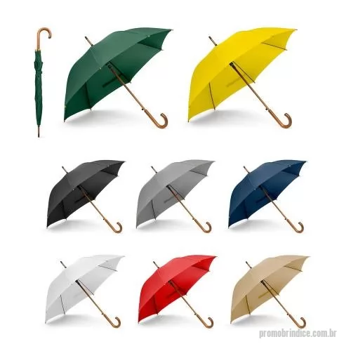 Guarda chuva personalizada - Guarda-chuva em 190T pongee com abertura automática. Varetas em fibra de vidro e pega e haste em madeira.