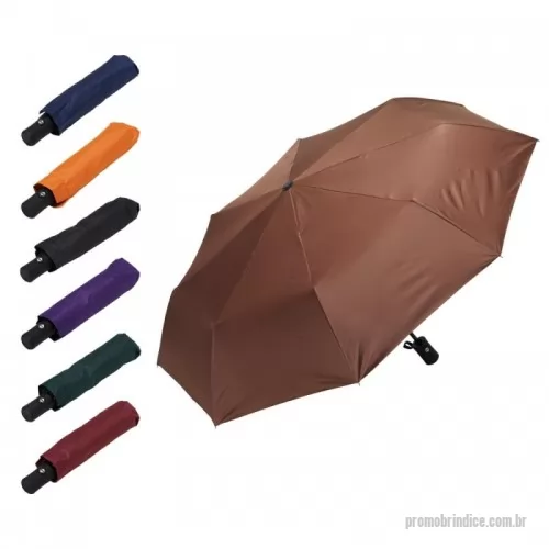 Guarda chuva personalizada - uarda-chuva automático de nylon com proteção UV, tecido interno em vinil. Com estrutura em aço e 8 varetas em fibra de vidro, possui pegador plástico com botão de ação e alça de nylon. Acompanha capa protetora.