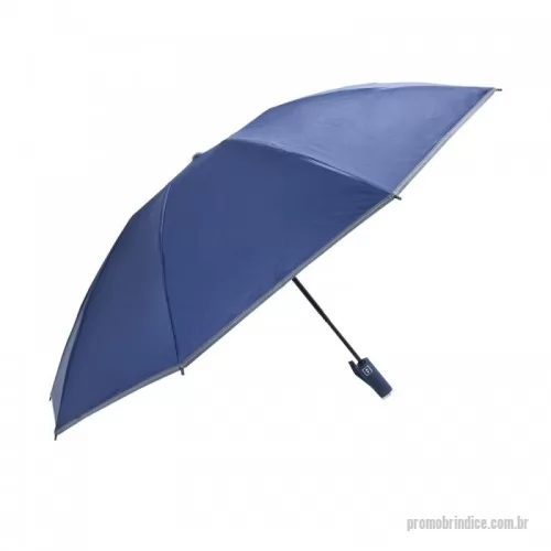 Guarda chuva personalizada - Guarda-chuva automático de poliéster de impacto impermeável com bordas refletivas, possui estrutura em aço e 10 varetas em fibra de vidro. Possui pegador plástico com botão acionamento e alça de nylon para transporte. Acompanha capa de proteção.