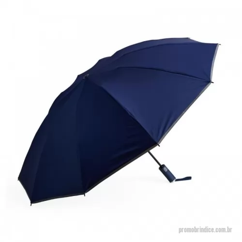 Guarda chuva personalizada - Guarda-chuva invertido automático em poliéster de impacto impermeável com bordas refletivas, possui estrutura em aço e 10 varetas em fibra de vidro. Possui pegador plástico com botão acionamento e alça de nylon para transporte. Acompanha capa de proteção.