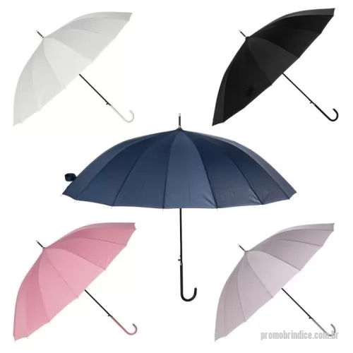 Guarda chuva personalizada - Guarda-chuva de poliéster com abertura automática, estrutura em aço e 16 varetas em fibra de vidro. Possui pegador em couro sintético com botão de acionamento.