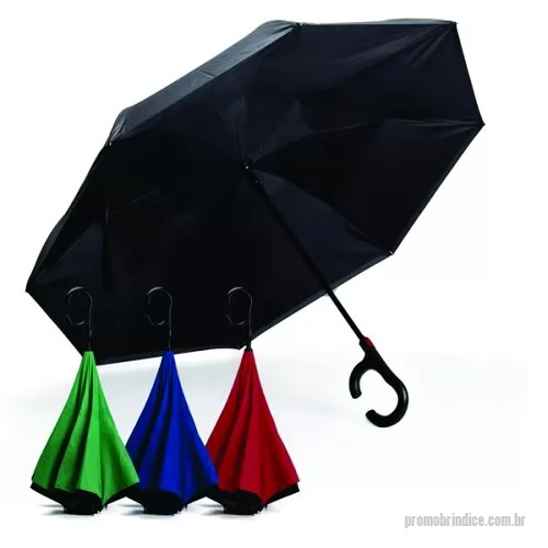 Guarda chuva personalizada - Guarda-chuva invertido com cabo plástico e haste de metal, botão acionador para abertura automática, tecido ponge chinês, seda crua Poliéster 190T Pongee, oito varetas.