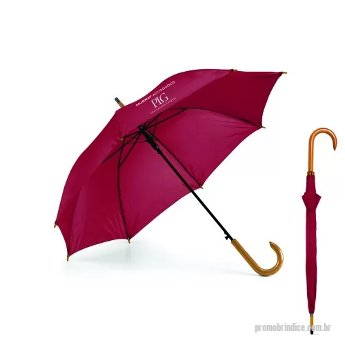Guarda chuva personalizada - Guarda chuva 100 cm. Poliéster 190T. Pega em madeira. Abertura automática. Disponível em várias cores. Gravação da logomarca em 1 cor aplicada em 2 gomos já incluso.  Tamanho Aprox: 100 cm de envergadura