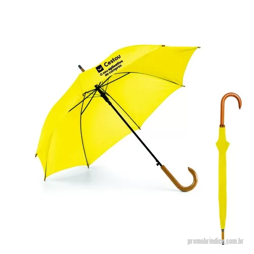 Guarda chuva personalizada - Guarda chuva 100 cm. Poliéster 190T. Pega em madeira. Abertura automática. Disponível em várias cores. Gravação da logomarca em 1 cor aplicada em 2 gomos já incluso.  Tamanho Aprox: 100 cm de envergadura.