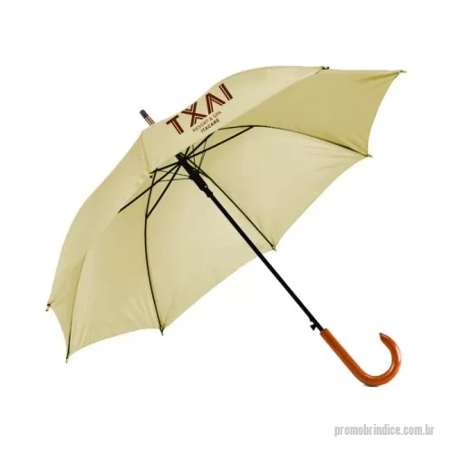 Guarda chuva personalizada - Guarda chuva 100 cm. Poliéster 190T. Pega em madeira. Abertura automática. Disponível em várias cores. Gravação da logomarca em 1 cor aplicada em 2 gomos já incluso.  Tamanho Aprox: 100 cm de envergadura.