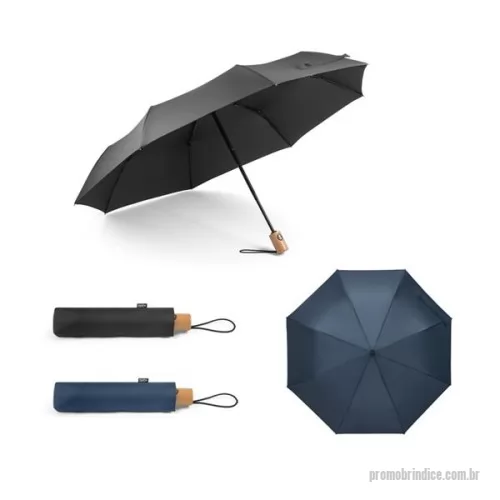 Guarda chuva personalizada - Guarda-chuva PET 190T pongee, com varetas em fibra de vidro e pega em madeira. Guarda-chuva dobrável em 3 seções, com abertura e fecho automático e à prova de vento. Fornecido em bolsa. Guarda-Chuva: ø990 x 285 mm - Bolsa: ø55 x 240 mm. 