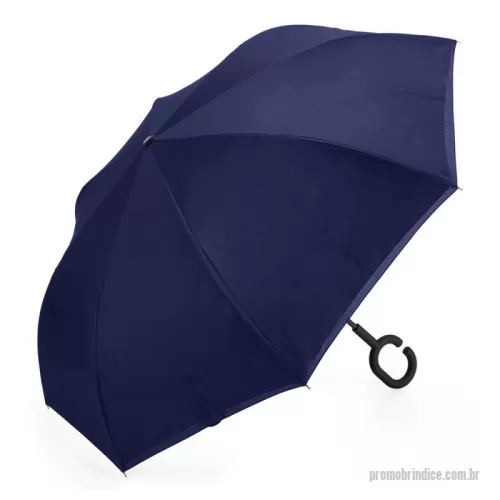 Guarda chuva personalizada - Guarda-chuva invertido com forro interno. Tecido de nylon impermeável preto. Forro interno para preservação das 8 varetas, evitando contato com a água.Pegador plástico fosco em formato C, botão acionador vermelho e fita com velcro(contorno marrom) para lacre.