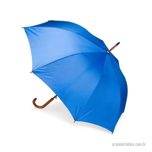 Guarda chuva personalizada - Guarda-chuva em poliéster com abertura automática por botão metálico. Possui estrutura com haste e pegador em madeira de bétula, oito varetas metálicas e faixa para fechamento em velcro.  Altura: 89 cm Largura: 12,1 cm Medidas aproximadas para gravação: (CxL): 30 cm x 12 cm (cada painel)