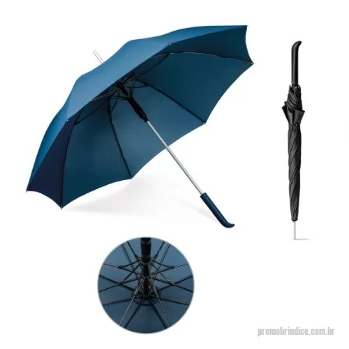 Guarda chuva personalizada - Guarda-chuva em 190T pongee, varetas em fibra de vidro, cabo em alumínio e haste revestida em borracha. O guarda-chuva tem abertura automática e é à prova de vento. Fornecido em bolsa com alça curta para facilitar transporte.