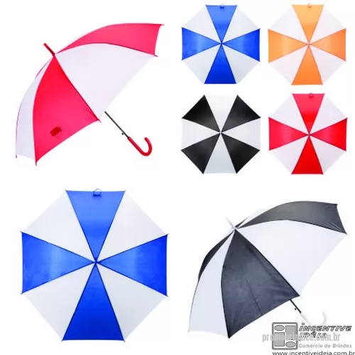 Guarda chuva personalizada - Guarda-chuva colorido com detalhes branco e tecido de nylon, basta acionar o botão inferior para abertura automática. Possui 8 varetas pretas de aço, pegador e bico superior de plástico