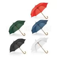 Guarda chuva. Poliéster 190T. Haste e pega em madeira. Disponível em várias cores. Gravação da logomarca em 1 cor aplicada em 2 gomos já inclusa.  Tamanho Aprox: 104 cm de envergadura