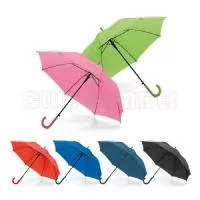 Guarda chuva. Poliéster 190T. Pega revestida a borracha. Abertura automática. Disponível em várias cores. Gravação da logomarca em 1 cor aplicada em 2 gomos já inclusa.  Tamanho Aprox: 104 cm de envergadura 