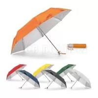 Guarda chuva dobrável feito de Poliéster, Fornecido em bolsa. Disponível em várias cores. Gravação da logomarca em 1 cor aplicada em 2 gomos já inclusa.  Tamanho Aprox: 96 cm de envergadura