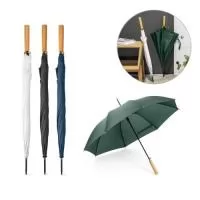Guarda-chuva grande de portaria em 190T pongee. Varetas e haste em fibra de vidro e pega em madeira.
