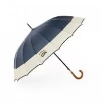 Guarda-chuva de poliéster com abertura automática, estrutura metálica com 16 varetas e pegador em madeira.