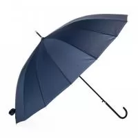 Guarda-chuva de poliéster com abertura automática, estrutura em aço e 16 varetas em fibra de vidro. Possui pegador em couro sintético com botão de acionamento.