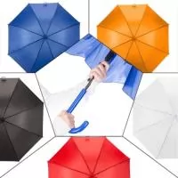 Guarda-chuva com tecido de nylon e abertura automática, basta acionar o botão inferior. Possui 8 varetas pretas de aço, pegador e bico superior de plástico.