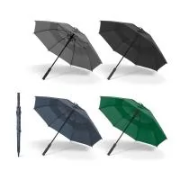 Guarda-chuva em poliéster 100% reciclado 190T, com varetas em fibra de vidro e pega em ABS reciclado. Guarda-chuva com abertura automática e à prova de vento. Fornecido em bolsa de poliéster reciclado. ø1055 x 840 mm