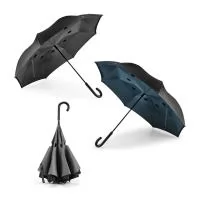 Guarda-chuva reversível em poliéster pongee 190T com capa dupla, cabo em metal e varetas em fibra de vidro. O guarda-chuva de estrutura patenteada tem abertura manual e fecho automático. ø1050 x 790 mm