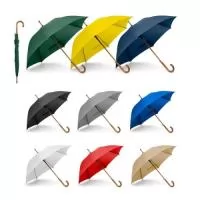 Guarda-chuva em poliéster pongee 190T, com varetas em fibra de vidro, pega e haste em madeira. O guarda-chuva tem abertura automática. ø1040 x 885 mm