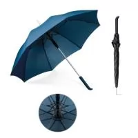 Guarda-chuva em 190T pongee, varetas em fibra de vidro, cabo em alumínio e haste revestida em borracha. O guarda-chuva tem abertura automática e é à prova de vento. Fornecido em bolsa com alça curta para facilitar transporte.