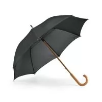 Guarda-chuva em poliéster 190T, com haste e pega em madeira. Abertura manual.
