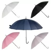 Guarda-chuva de poliéster com abertura automática, estrutura em aço e 16 varetas em fibra de vidro. Possui pegador em couro sintético com botão de acionamento.