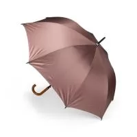 Guarda-chuva em poliéster de impacto impermeável com abertura automática por botão em plástico. Possui estrutura com haste em metal, pegador em polipropileno (PP) com acabamento semelhante à madeira, oito varetas metálicas e faixa para fechamento em velcro.