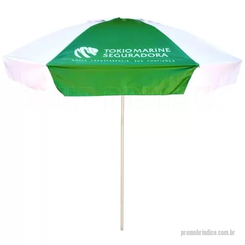 Guarda sol personalizada - Guarda Sol Personalizado com haste central em tubo de alumínio com reforço de madeira interiça. Disponível em várias cores. Gravação da logomarca em 1 cor aplicada em 4 gomos já inclusa.  Armação efeito mola com 08 gomos e 08 varetas 3,60 mm em aço 1040 e 1045. Acabamento em pintura eletrostática epóxi pó, arame de amarração 2,05 mm. haste central em tubo de alumínio trefilado com 1 