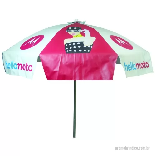Guarda sol personalizada - Guarda Sol Personalizado com haste central em tubo de alumínio com reforço de madeira interiça. Disponível em várias cores. Gravação da logomarca em 1 cor aplicada em 4 gomos já inclusa.  Armação efeito mola com 08 gomos e 08 varetas 3,60 mm em aço 1040 e 1045. Acabamento em pintura eletrostática epóxi pó, arame de amarração 1,65 mm. haste central em tubo de alumínio trefilado com 1 