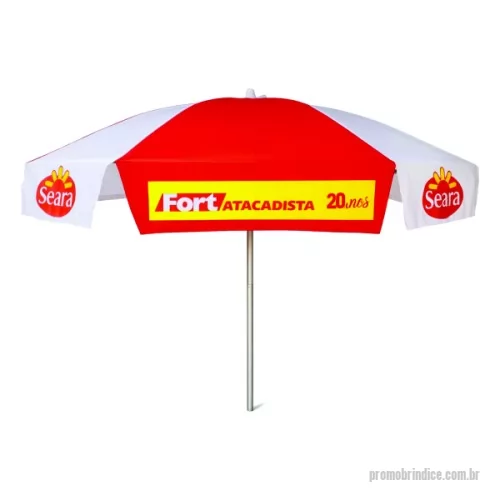 Guarda sol personalizada - Guarda Sol Personalizado com haste central em tubo de alumínio com reforço de madeira interiça. Disponível em várias cores. Gravação da logomarca em 1 cor aplicada em 4 gomos já inclusa.