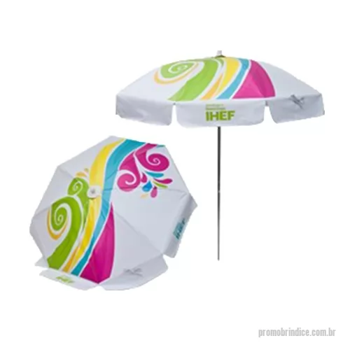 Guarda sol personalizada - Guarda Sol de 1-60 mts. de diâmetro com 08 gomos Modelo GSUL- cobertura em laminate de PVC dublado com tecido em fios de poliéster ( disponível em cores básicas ) tendo na área central 1 metro quadrado em tecido inteiriço permitindo uma imagem ampla da mensagem publicitária- com acabamento nas bordas das abas dos gomos em overlok ou bainha e tira do mesmo tecido para amarrar os gomos quando fechados- armação com varetas em aço 1045 com tratamento bicromatizado de proteção- acabamento da cobertura com a armação por garras de fixação e ponteiras de PVC- haste / varão central em 2 partes encaixadas em tubo de alumínio naval de 1 pol. com paredes de 1 mm ( dispensa reforço interno de madeira proporcionando leveza e resistência do produto final acabado )- aplicação de logotipos em até 04 gomos em 1 cor já incluso.