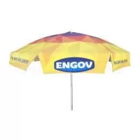 Guarda Sol Ø1,60m (80x8) de diâmetro. Material: Armação em aço 1.040 a 1.070 efeito MOLA com 08 varetas Ø 3,50 a 4,00mm com acabamento em pintura  eletrostática EPOXI PÓ, haste central em alumínio trefilado com parede 08 a 1,00mm com reforço de madeira inteiriço  nas duas extremidades. Cobertura: em BAGUM (lona de PVC com trama em poliéster) de 0,28 a 0,31microns. Disponível em várias cores. Gravação da logomarca em 1 cor aplicada em 4 gomos já inclusa.