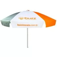 Guarda Sol Personalizado com haste central em tubo de alumínio com reforço de madeira interiça. Disponível em várias cores. Gravação da logomarca em 1 cor aplicada em 4 gomos já inclusa.