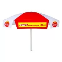 Guarda Sol Personalizado com haste central em tubo de alumínio com reforço de madeira interiça. Disponível em várias cores. Gravação da logomarca em 1 cor aplicada em 4 gomos já inclusa.