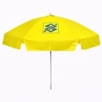 Guarda Sol Personalizado com haste central em tubo de alumínio com reforço de madeira interiça. Disponível em várias cores. Gravação da logomarca em 1 cor aplicada em 4 gomos já inclusa.