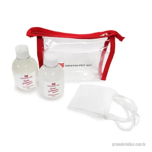 Higienizador de mãos personalizado - Kit proteção com álcool em gel e sabonete líquido Kit de proteção com álcool em gel Máscara de proteção e necessaire trapézio, um kit para clientes e colaboradores, com álcool 70% e máscara de alta proteção. Com sabonete líquido para higienização das mãos de forma adequada, personalização com a logomarca da sua empresa.