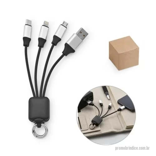 Hub personalizado - Cabo USB de carregamento rápido 4 em 1 com corpo em PET 100% reciclado (100% rPET). Contém uma porta de USB-A de entrada e uma USB-C, uma micro-USB e uma lightning de saída. Adequado para carregar smartphones. Fornecido em caixa presente de papel Kraft. 100 x 40 mm | Caixa: 70 x 19 x 165 mm