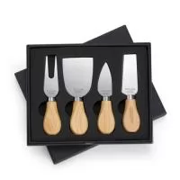 Kit queijo 4 peças em estojo de papelão com berço de espuma, contém: faca com ponta, faca reta, garfo e espátula
