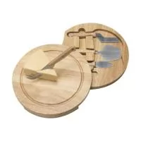 Kit queijo 5 peças, possui tábua de bambu com canaleta e parte inferior com borrachas antideslizantes. Contém faca reta, espátula, faca com ponta e garfo em inox. Para abrir basta rotacionar a tampa.